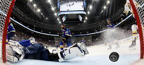 Blues goaltender Jordan Binnington allows a goal in Game 3 on June 1 (Bruce Bennett/Pool)