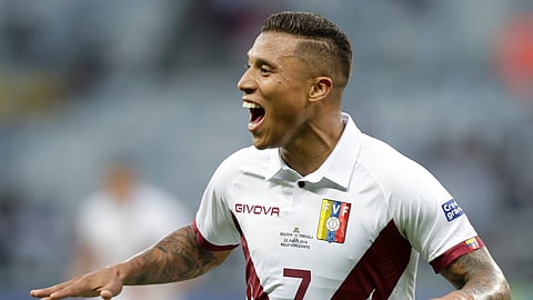 Venezuela’s Darwin Machis celebrates after scoring his side’s second goal during a Copa America Group A soccer match against Bolivia at Mineirao stadium in Belo Horizonte, Brazil, Saturday, June 22, 2019. (AP Photo/Eraldo Peres)