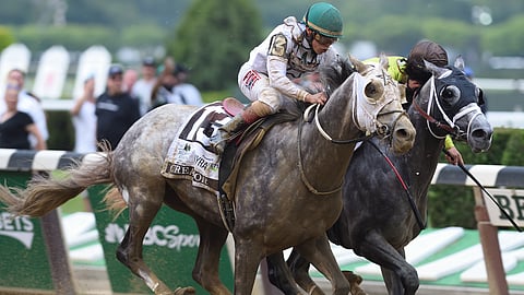 Creator battles Destin in the stretch of the 2016 Belmont Stakes