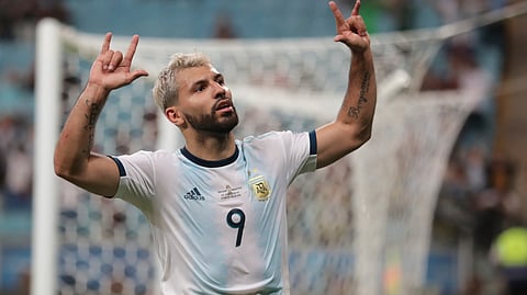 Argentina’s Sergio Aguero celebrates after scoring his side’s second goal against Qatar during a Copa America Group B soccer match at Arena do Gremio in Porto Alegre, Brazil, Sunday, June 23, 2019. (AP Photo/Silvia Izquierdo)