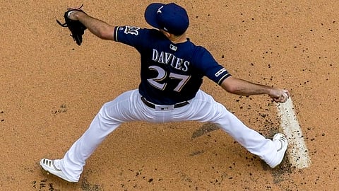 Brewers starting pitcher Zach Davies throws during the first inning June 8 (Morry Gash)