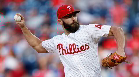 Phillies’ Jake Arrieta pitches during the third inning of his start against the Diamondbacks on June 11 (Matt Slocum)