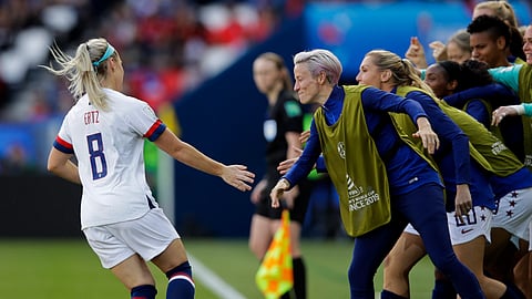 United States’ Julie Ertz celebrates with teammates after scoring their second goal on June 16 (Alessandra Tarantino)