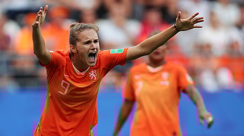 Netherlands’ Vivianne Miedema reacts to a call during the Women’s World Cup Group E soccer match between the Netherlands and Canada at Stade Auguste-Delaune in Reims, France, Thursday, June 20, 2019. (AP Photo/Francisco Seco)