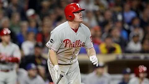 Phillies’ Jay Bruce watches his grand slam during the fifth inning on June 4 (Gregory Bull)