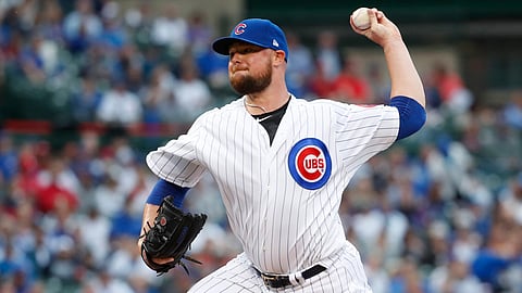 Cubs starting pitcher Jon Lester delivers during the first inning against the Cardinals on June 8 (Jeff Haynes)