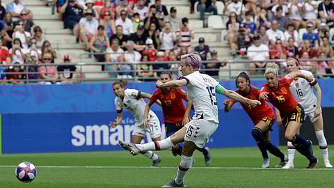 United States’Megan Rapinoe scores the opening goal on a penalty kick during the Women’s World Cup Round of 16 match against Spain on June 24 (Alessandra Tarantino)