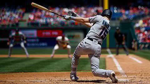Marlins’ Brian Anderson follows through on a swing on June 23 (Matt Slocum)