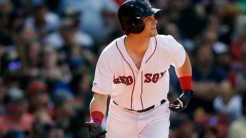 Blue Jays catcher Luke Maile watches the two-run double off the bat of the Red Sox’ Andrew Benintendi on June 22 (Michael Dwyer)