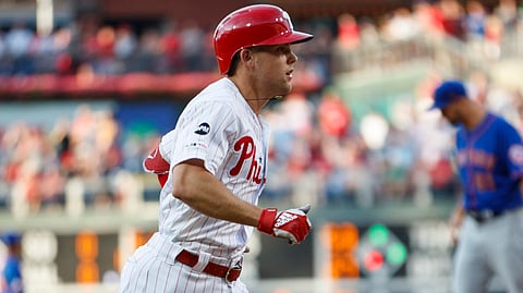 Phillies’ Scott Kingery circles the bases after his lead off home run, the first of four by the Phillies, on June 25 (Matt Slocum)