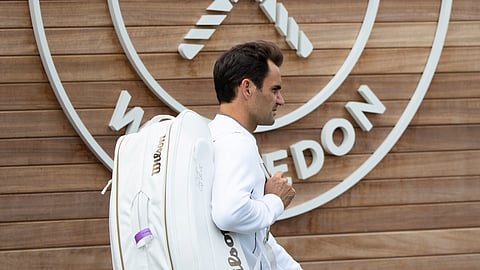 Roger Federer of Switzerland arrives for a training session at the All England Lawn Tennis Championships in Wimbledon, London, on Wednesday, June 26, 2019. The Wimbledon Tennis Championships 2019 will be held in London from July 1 to July 14. (Peter Klaunzer/Keystone via AP) 