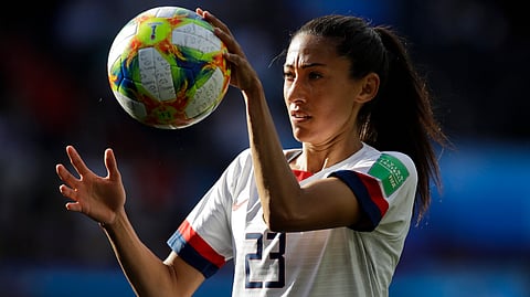 United States’ Christen Press catches the ball during the World Cup match with Chile on June 16 (Alessandra Tarantino)