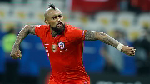Chile’s Arturo Vidal celebrates scoring a goal during penalty kick shoot-out against Colombia at a Copa America quarterfinal soccer match at the Arena Corinthians in Sao Paulo, Brazil, Friday, June 28, 2019. (AP Photo/Victor R. Caivano)