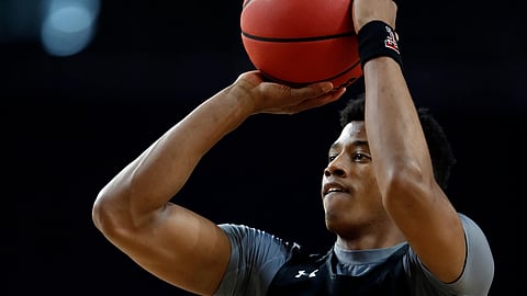 FILE - In this April 5, 2019 file photo Texas Tech’s Jarrett Culver warms up during a practice session for the semifinals of the Final Four NCAA college basketball tournament in Minneapolis. (AP Photo/Jeff Roberson)