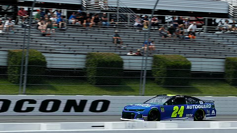 Pole-sitter William Byron drives down the front stretch during June 1 qualifying for Sunday’s Pocono 400 (Matt Slocum)