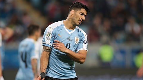 Uruguay’s Luis Suarez reacts during a Copa America Group C soccer match against Japan at the Arena Gremio in Porto Alegre, Brazil, Thursday, June 20, 2019. (AP Photo/Edison Vara)