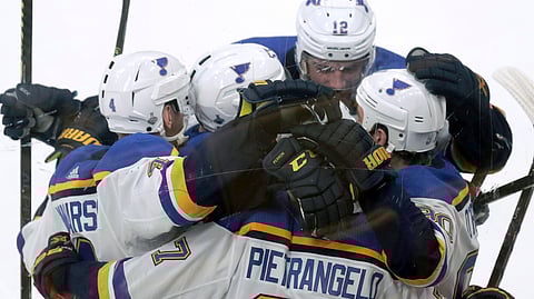 St. Louis Blues’ Ryan O’Reilly, right, celebrates his goal against the Boston Bruins with teammates during the second period in Game 5 of the NHL hockey Stanley Cup Final, Thursday, June 6, 2019, in Boston. (AP Photo/Charles Krupa)