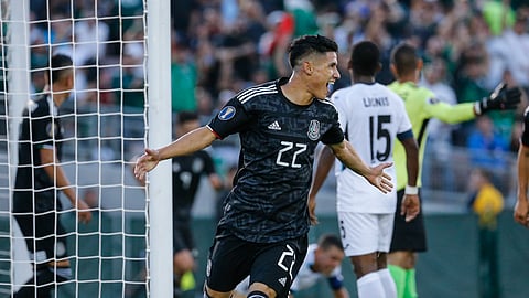 Mexico defender Jorge Sánchez (22) celebrates his goal against Cuba during the first half of a CONCACAF Gold Cup soccer match in Pasadena, Calif., Saturday, June 15, 2019. (AP Photo/Ringo H.W. Chiu) 