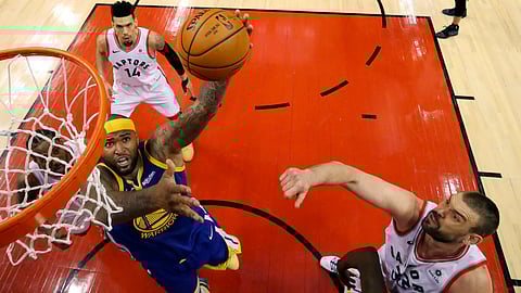 Warriors’ DeMarcus Cousins goes to the hoop in Game 2 on June 2 (Kyle Terada/The Canadian Press)