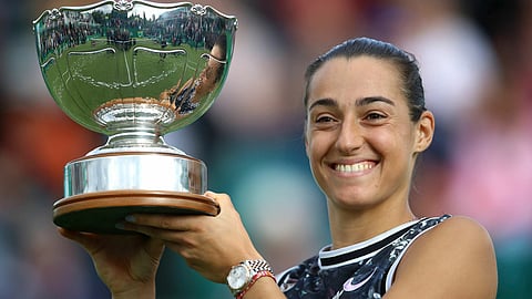 Caroline Garcia holds the trophy after beating Donna Vekic, to win the women’s singles final of the Nottingham Cup Open on June 16 (Tim Goode/PA)