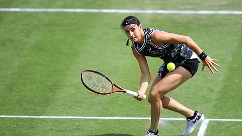 France’s Caroline Garcia against Croatia’s Donna Vekic in the women’s singles final during day nine of the Nottingham Cup Open tennis championship in Nottingham, England, Sunday June 16, 2019. Garcia went on to win the trophy. (Tim Goode/PA via AP)