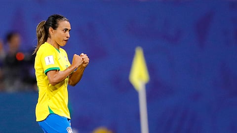 Brazil’s Marta reacts during the Women’s World Cup Group C soccer match between Italy and Brazil at the Stade du Hainaut in Valenciennes, France, Tuesday, June 18, 2019. (AP Photo/Michel Spingler)