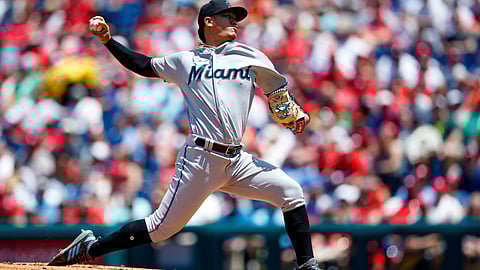 Marlins’ Jordan Yamamoto pitches against the Phillies on June 23 (Matt Slocum)