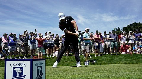 Brooks Koepka hits his tee shot on the ninth hole during a practice round for the U.S. Open Championship golf tournament Monday, June 10, 2019, in Pebble Beach, Calif. (AP Photo/David J. Phillip)