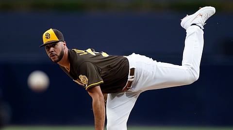 Padres starting pitcher Joey Lucchesi works against the Marlins on May 31 (Gregory Bull)