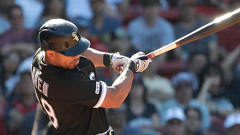White Sox’s Jose Abreu hits a two-run homer in the ninth inning against the Red Sox on June 26 (Elise Amendola)