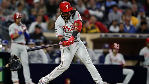 Phillies’ Maikel Franco homers in the eighth innings on June 4 (Gregory Bull)