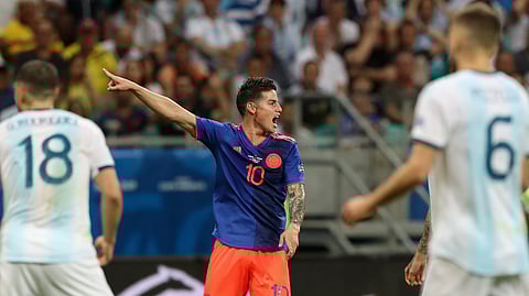 Colombia’s James Rodriguez gestures during a Copa America Group B soccer match against Argentina at the Arena Fonte Nova in Salvador, Brazil, Saturday, June 15, 2019. (AP Photo/Ricardo Mazalan) 