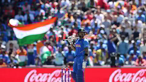 India’s captain Virat Kohli follows the ball after playing a shot during the Cricket World Cup match between India and West Indies at Old Trafford in Manchester, England, Thursday, June 27, 2019. (AP Photo/Jon Super)