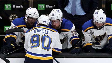 Blues’ Ryan O’Reilly (90) speaks to teammates on the bench during the second period of Game 7 on June 12 (Charles Krupa)