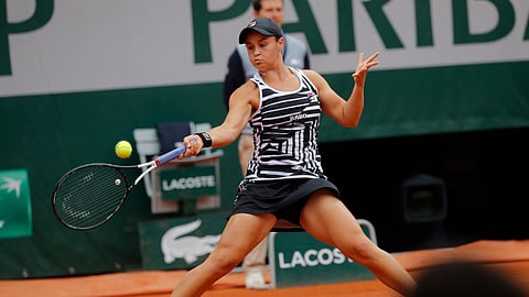 Australia’s Ashleigh Barty plays a shot against Marketa Vondrousova of the Czech Republic during the women’s final match of the French Open tennis tournament at the Roland Garros stadium in Paris, Saturday, June 8, 2019. (AP Photo/Michel Euler)