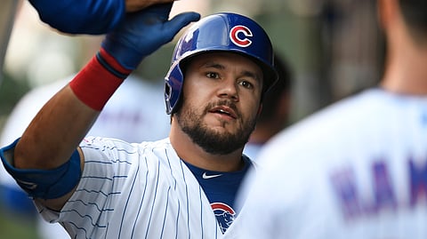 Cubs’ Kyle Schwarber celebrates after hitting a solo home run on June 18 (Paul Beaty)