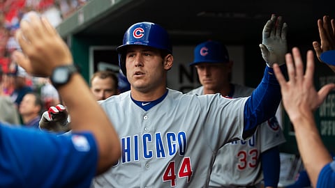 Chicago Cubs’ Anthony Rizzo is congratulated by teammates after hitting a home run during the first inning of a baseball game against the St. Louis Cardinals on June 1, 2019.