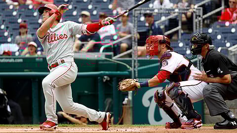 Phillies’ Scott Kingery watches his home run in the first inning of Game 1 on June 19 (Patrick Semansky)