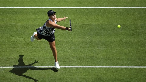 Australia’s Ashleigh Barty returns a shot to Czech Republic’s Barbora Strycova during their semi-finals Birmingham Classic tennis match at Edgbaston Priory Club, Birmingham, England, Saturday, June 22, 2019. (Tim Goode/PA via AP)