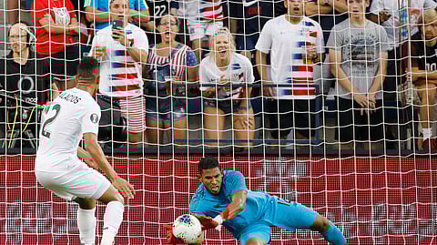 Panama goalkeeper Jose Calderon (12) blocks a shot against the United States as defender Francisco Palacios (2) watches during the first half of a CONCACAF Gold Cup soccer match in Kansas City, Kan., Wednesday, June 26, 2019. (AP Photo/Colin E. Braley)