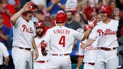 Phillies’ Scott Kingery is congratulated after hitting a home run at Citizens Bank Park on June 11 (Matt Slocum)