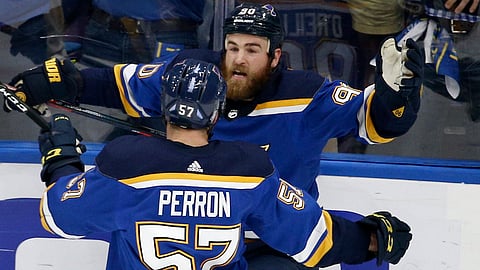 Blues’ David Perron and Ryan O’Reilly celebrate a goal in Game 3 on June 3 (Scott Kane)