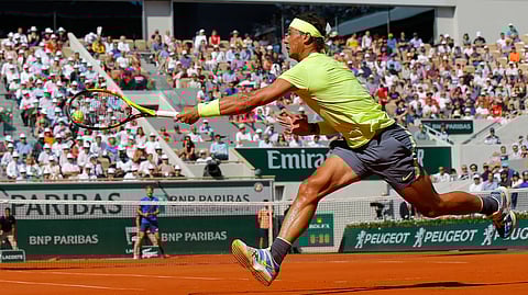 Spain’s Rafael Nadal plays a shot against Belgium’s David Goffin during their third round match May 31 (Michel Euler)