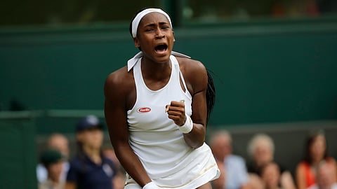 United States’ Cori “Coco” Gauff reacts after winning a point against Slovenia’s Polona Hercog in a Women’s singles match during day five of the Wimbledon Tennis Championships in London, Friday, July 5, 2019.