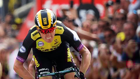 Netherlands’ Mike Teunissen crosses the finish line to win the first stage of the Tour de France cycling race over 194.5 kilometers (120,86 miles) with start in Brussels and finish in Brussels. Saturday, July 6, 2019. (AP Photo/Christophe Ena)