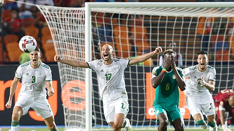 Algerian players celebrate after the African Cup of Nations final soccer match between Algeria and Senegal in Cairo International stadium in Cairo, Egypt, Friday, July 19, 2019. (AP Photo/Ariel Schalit)