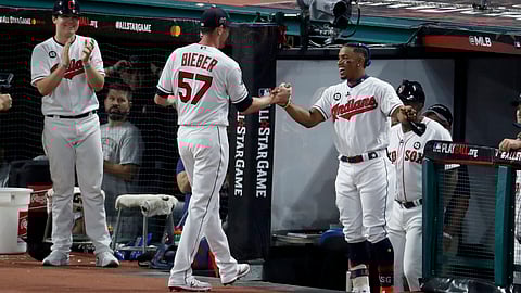 Indians Shane Bieber (57) leaves the field after striking out the side in the fifth inning of the All-Star Game on July 9 (Ron Schwane)
