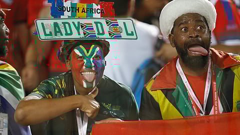 No game shots have moved yet, so instead we have this picture of South African fans cheering their team on against Egypt in Cairo International stadium in Cairo, Egypt, Saturday, July 6, 2019. (AP Photo/Ariel Schalit)