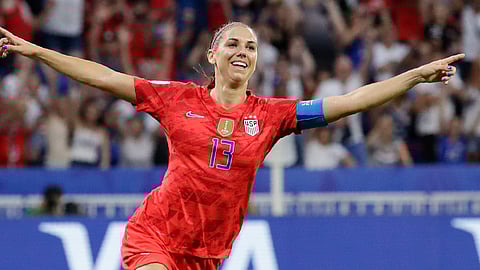 United States’ Alex Morgan celebrates after scoring against England on July 2 (Alessandra Tarantino)