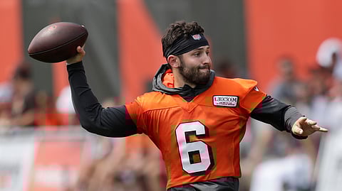 Cleveland Browns quarterback Baker Mayfield throws during practice at the NFL football team's training camp facility, Friday, July 26, 2019, in Berea, Ohio. (AP Photo/Tony Dejak)